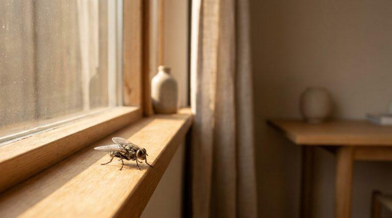 Gros plan sur une mouche posée sur un rebord de fenêtre en bois, éclairée par la lumière du soleil. Intérieur de maison flou.
