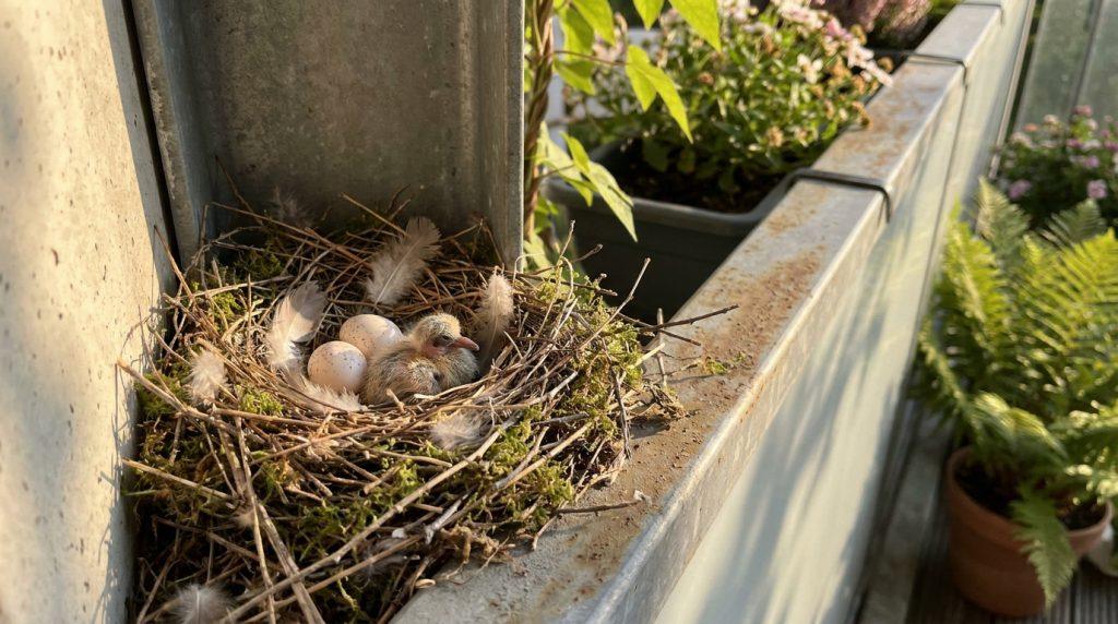 Un petit nid de pigeon avec deux œufs et un oisillon installé dans un angle de balcon en métal, entouré de plantes.
