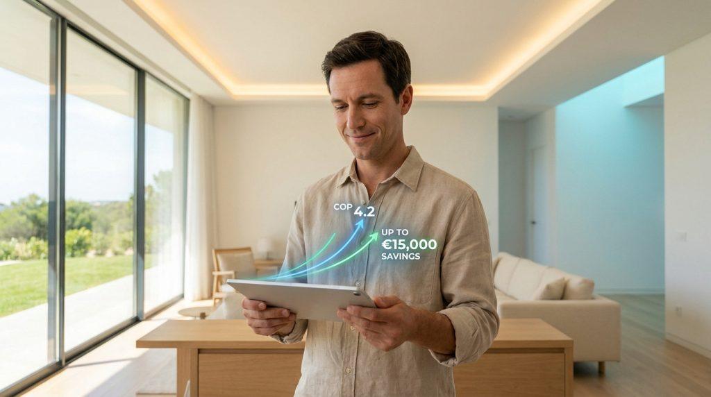 Un homme souriant utilise une tablette numérique affichant des graphiques de performance énergétique et d'économies.