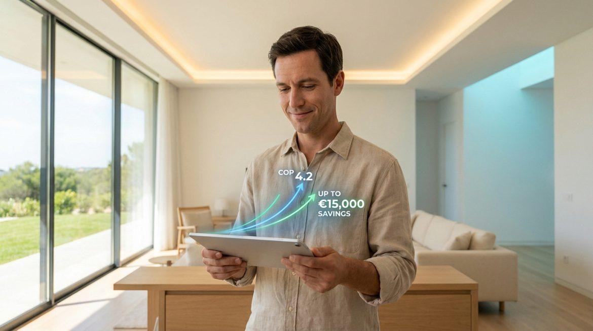Un homme souriant utilise une tablette numérique affichant des graphiques de performance énergétique et d'économies.