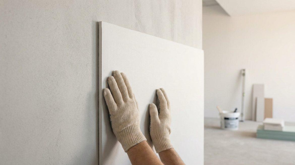 Mains gantées pressant une plaque de plâtre contre un mur. En arrière-plan, fournitures de chantier pour pose de placo.