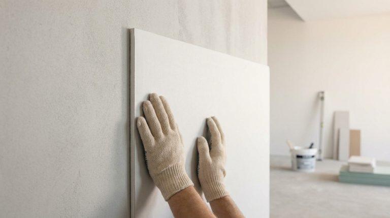 Réussir un coffrage placo sans rail : la méthode efficace Mains gantées pressant une plaque de plâtre contre un mur. En arrière-plan, fournitures de chantier pour pose de placo.