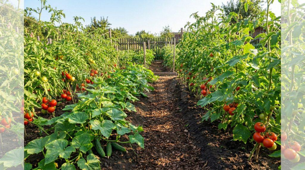 Allée ensoleillée d'un potager avec des rangées de plants de tomates mûres et des concombres verts au sol.