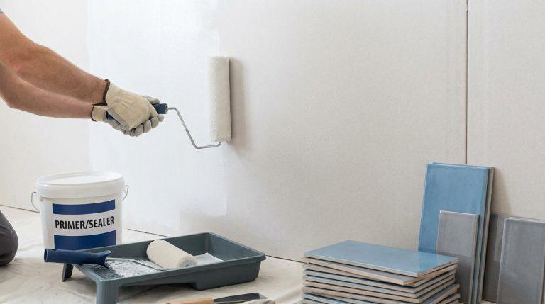 Un ouvrier applique une sous-couche blanche au rouleau sur un mur en plaque de plâtre avant la pose de carrelage bleu.