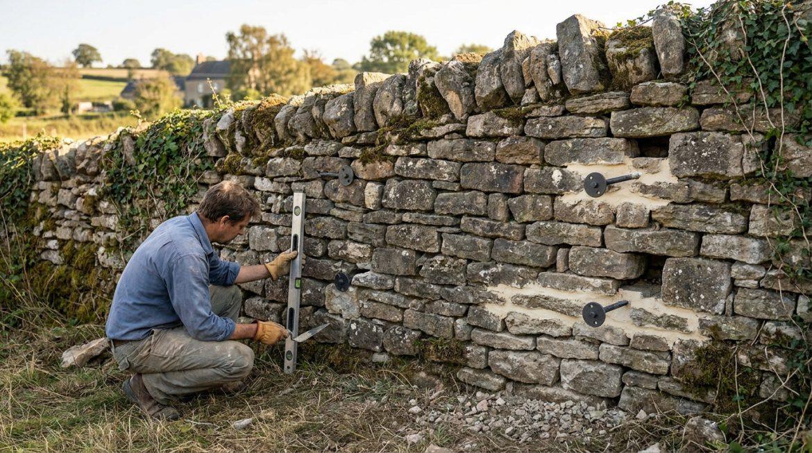 Un homme répare un mur en pierre ancien en vérifiant le niveau et en installant des ancrages métalliques. Paysage rural.