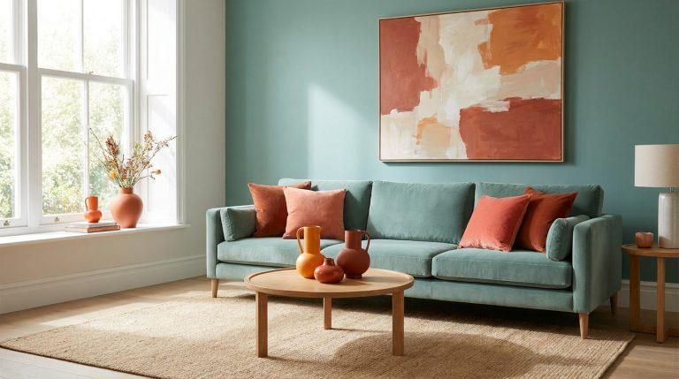 Quelle couleur complémentaire pour sublimer le vert d’eau ? Salon lumineux et moderne avec murs vert d'eau, canapé assorti et coussins orange rouille. Décoration et tableau abstraits en terracotta.
