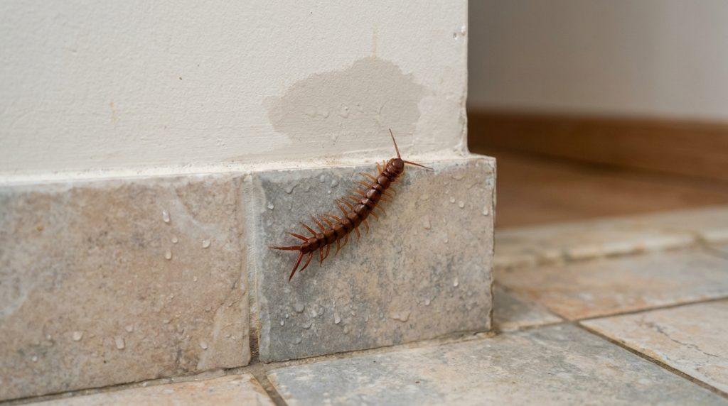 Un mille-pattes brun sur un carrelage mural, près d'une tache d'humidité sur le mur et des gouttes d'eau visibles.