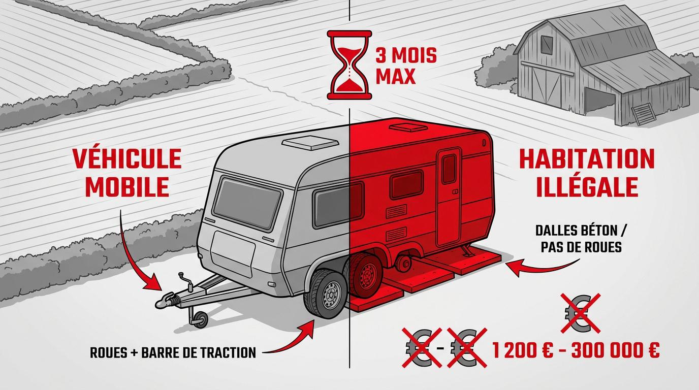 Caravane stationnée sur un terrain agricole respectant les critères de mobilité