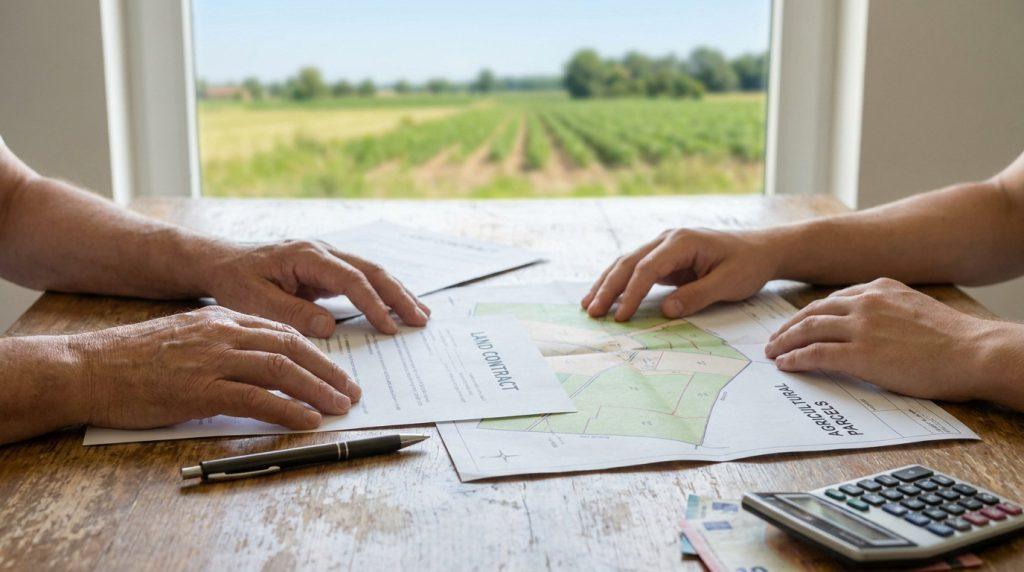 Mains sur un contrat de vente de terres agricoles et une carte, avec un champ cultivé en arrière-plan. Calculatrice et argent.