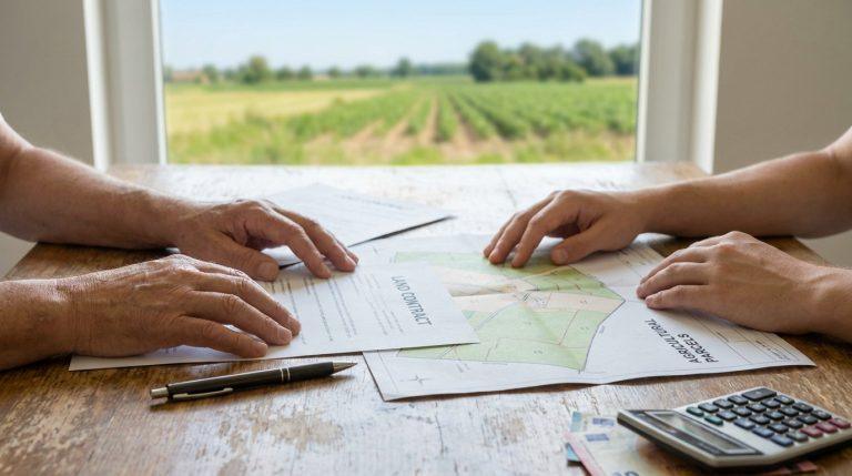 Mains sur un contrat de vente de terres agricoles et une carte, avec un champ cultivé en arrière-plan. Calculatrice et argent.