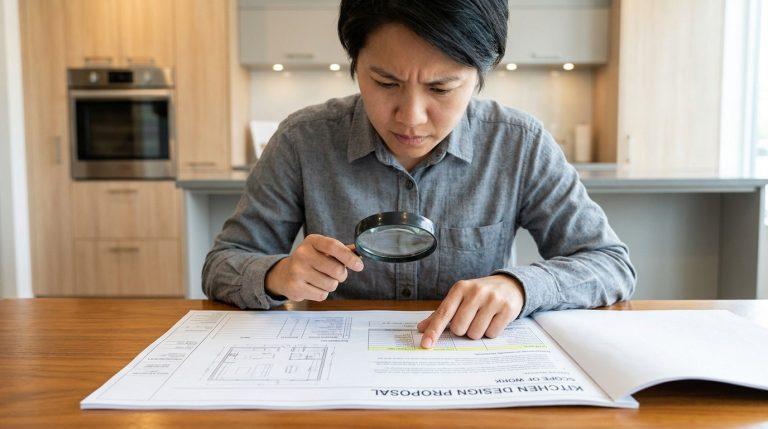 Une personne examine attentivement un devis de cuisine à la loupe dans une cuisine moderne.