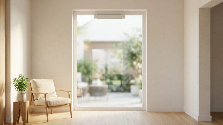 Vue intérieure d'une fenêtre équipée d'un aérateur discret sans trous, à côté d'un fauteuil moderne dans un salon lumineux.