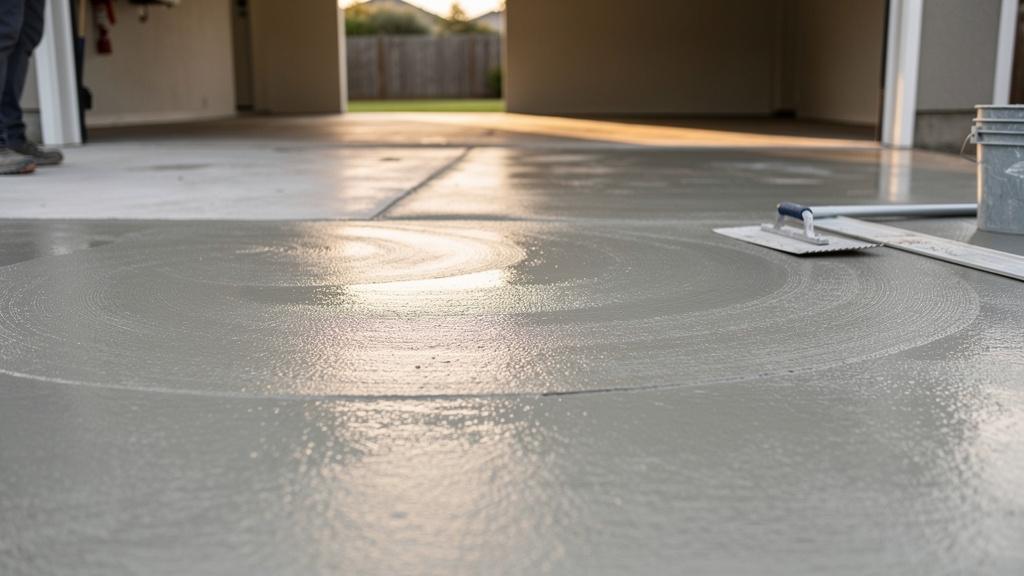 Dalle de béton gris en cours de durcissement dans un garage
