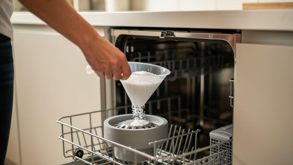 Main versant du sel régénérant dans un lave-vaisselle à l'aide d'un entonnoir