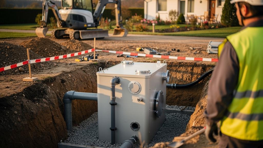 Ouvriers posant une micro-station d'épuration sur un chantier d'assainissement