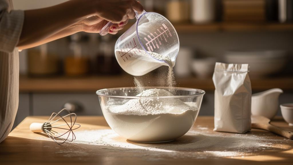 Personne mesurant de la farine avec un verre doseur