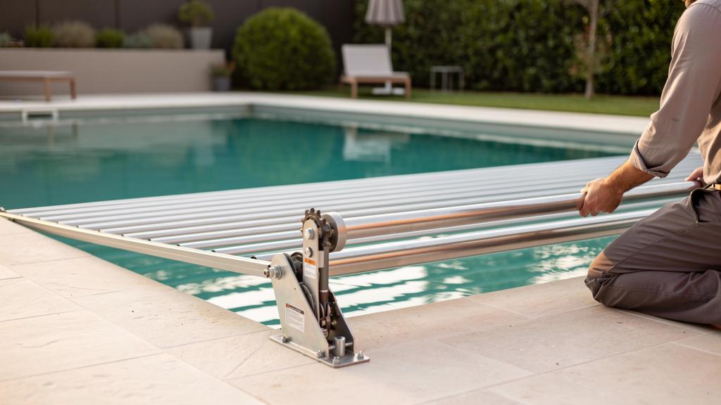 Technicien installant une bâche à barre de piscine
