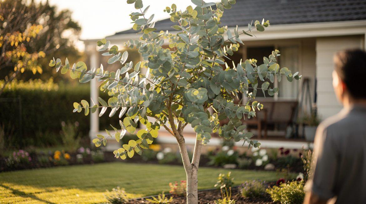 Eucalyptus gunnii adulte dans un jardin résidentiel