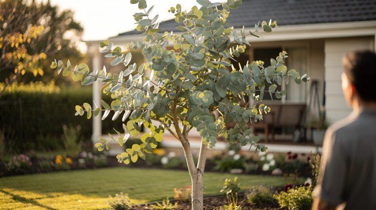 Eucalyptus gunnii adulte dans un jardin résidentiel