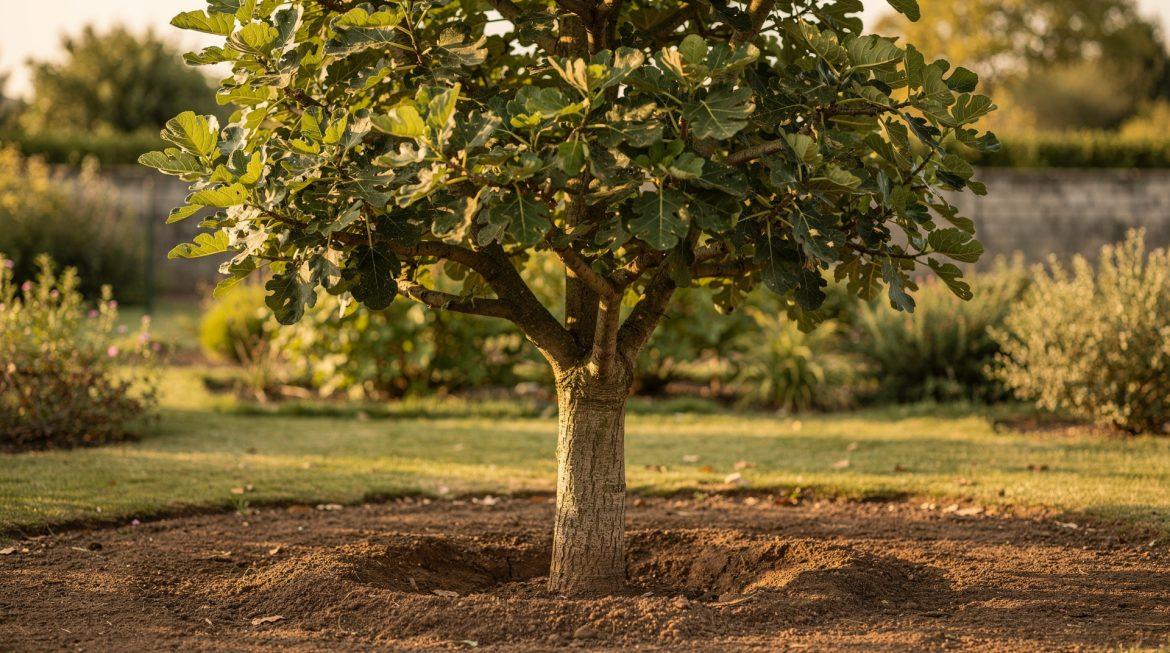 Figuier adulte en plein jardin avec sol nu autour du tronc