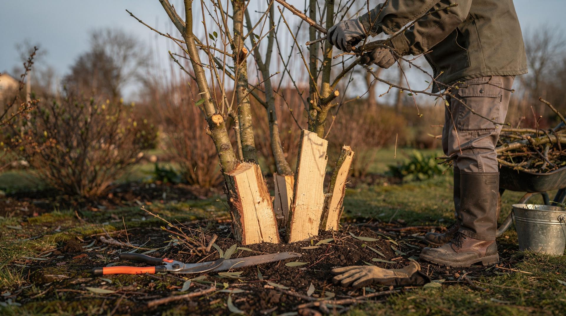 Jardinier pratiquant le recépage d'un eucalyptus en fin d'hiver