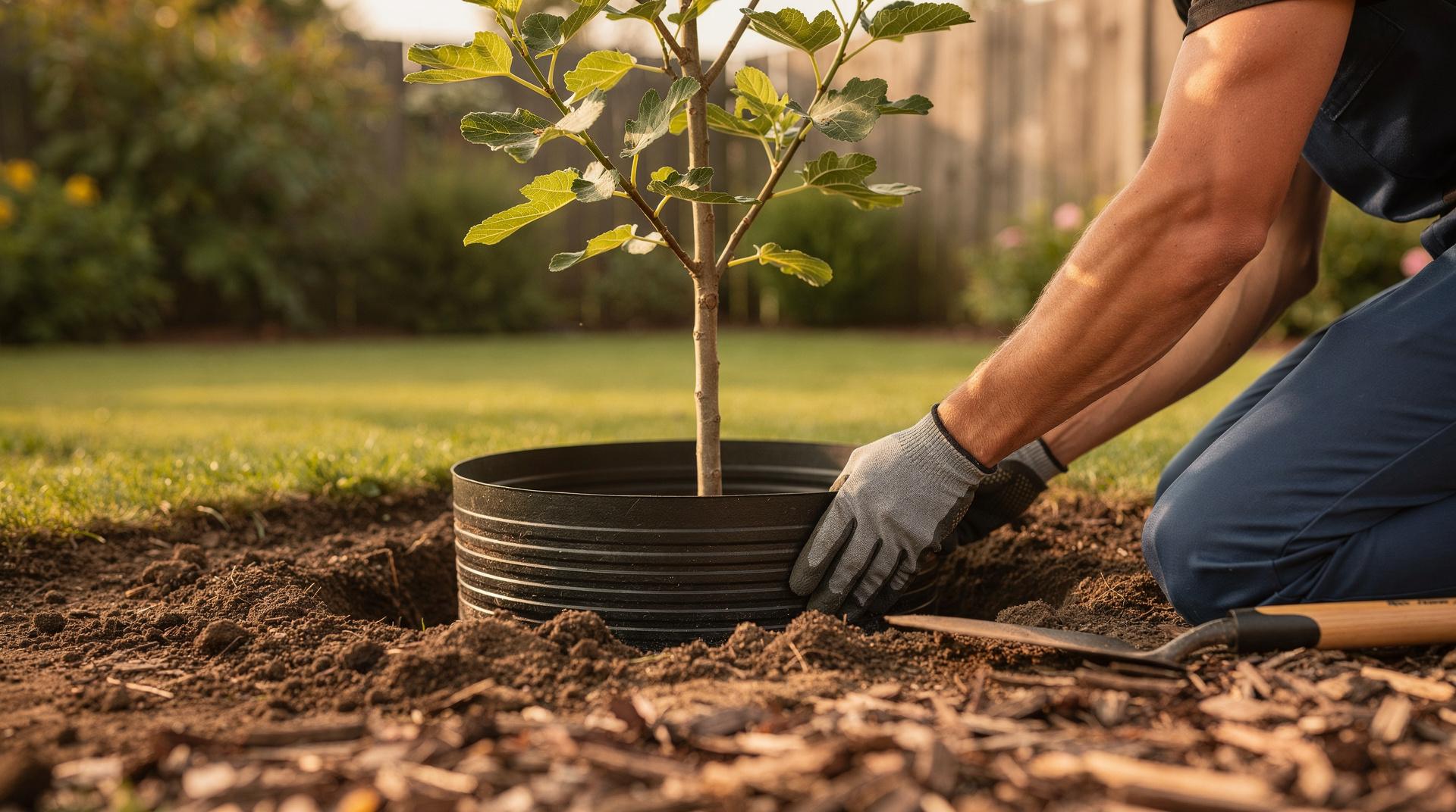 Jardinier qui pose une barrière anti-racines autour d'un jeune figuier