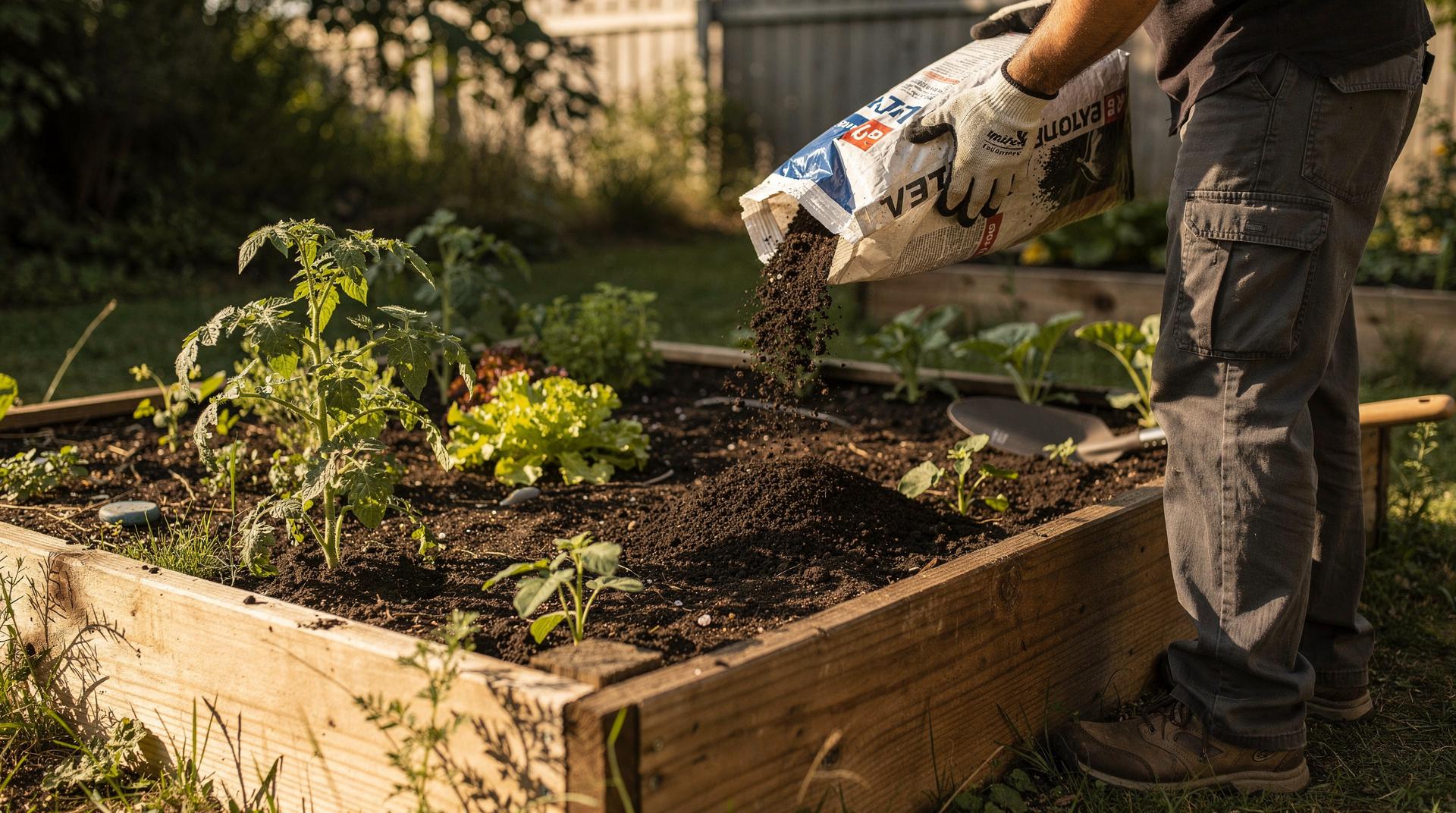 Jardinier versant du terreau dans un carré potager