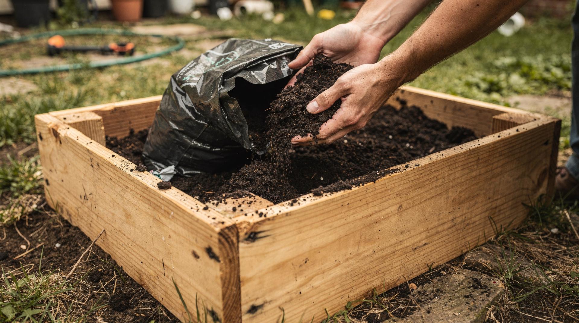 Remplissage d'un jardin en carré avec du terreau