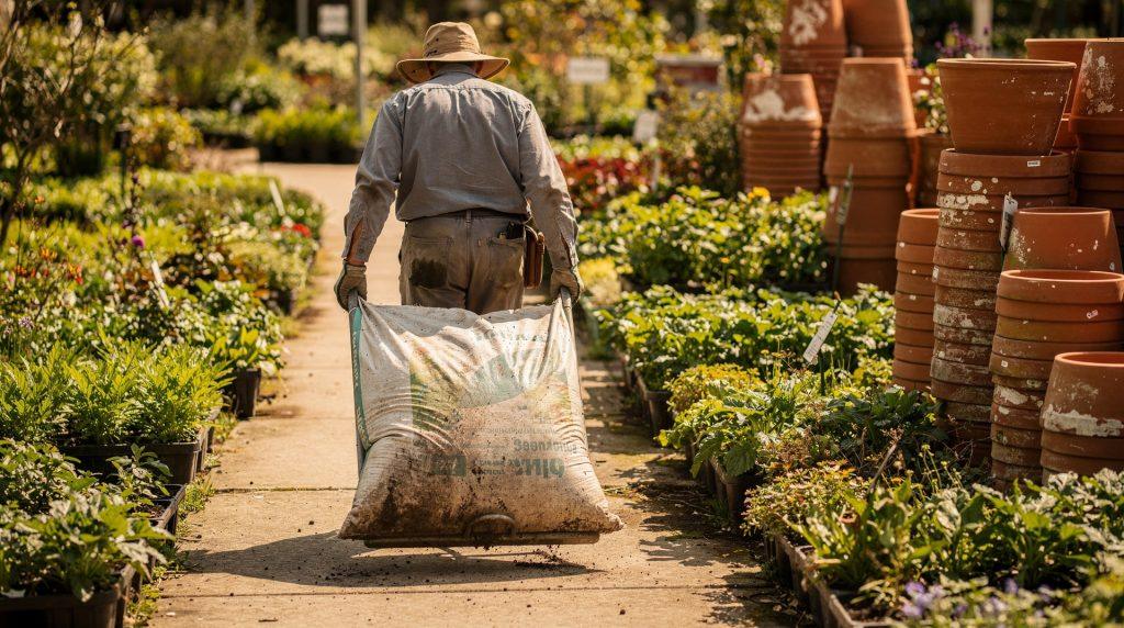 Sac de terreau 70 litres dans un jardin