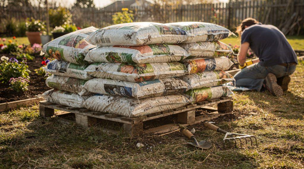 Sacs de terreau 50 litres empilés dans un jardin