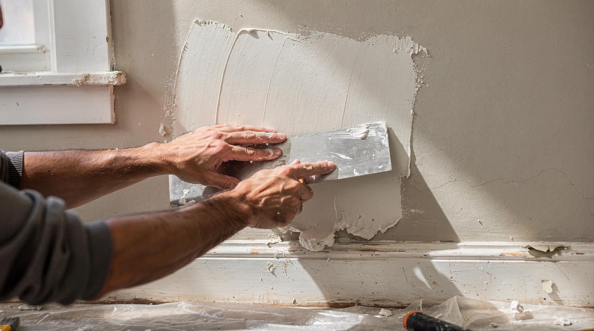 Application d'enduit de réparation sur un mur en placo