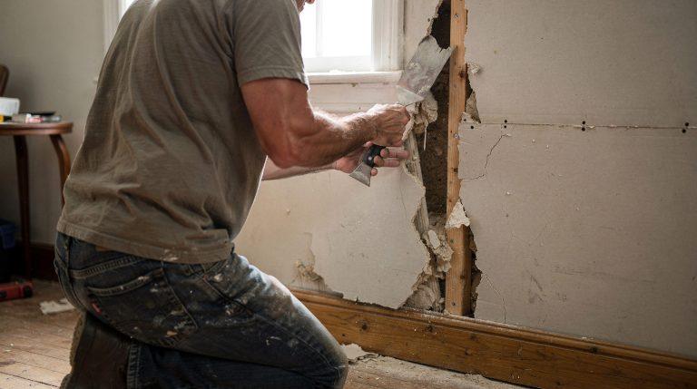 Pourquoi mon placo se décolle : causes, diagnostic et réparation Artisan inspectant une zone de placo décollée sur un mur intérieur