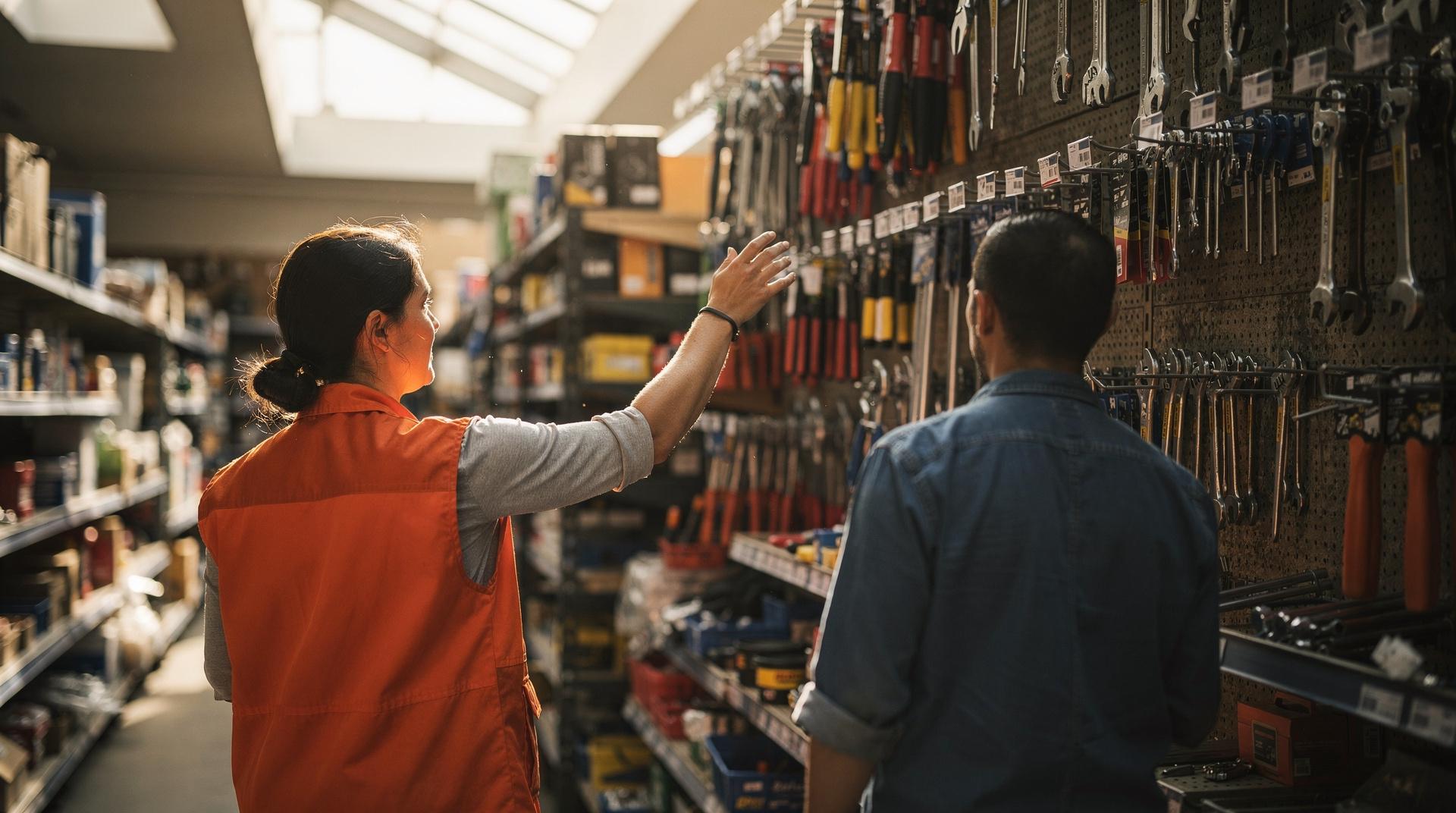 Salariée conseillant un client en magasin de bricolage un dimanche