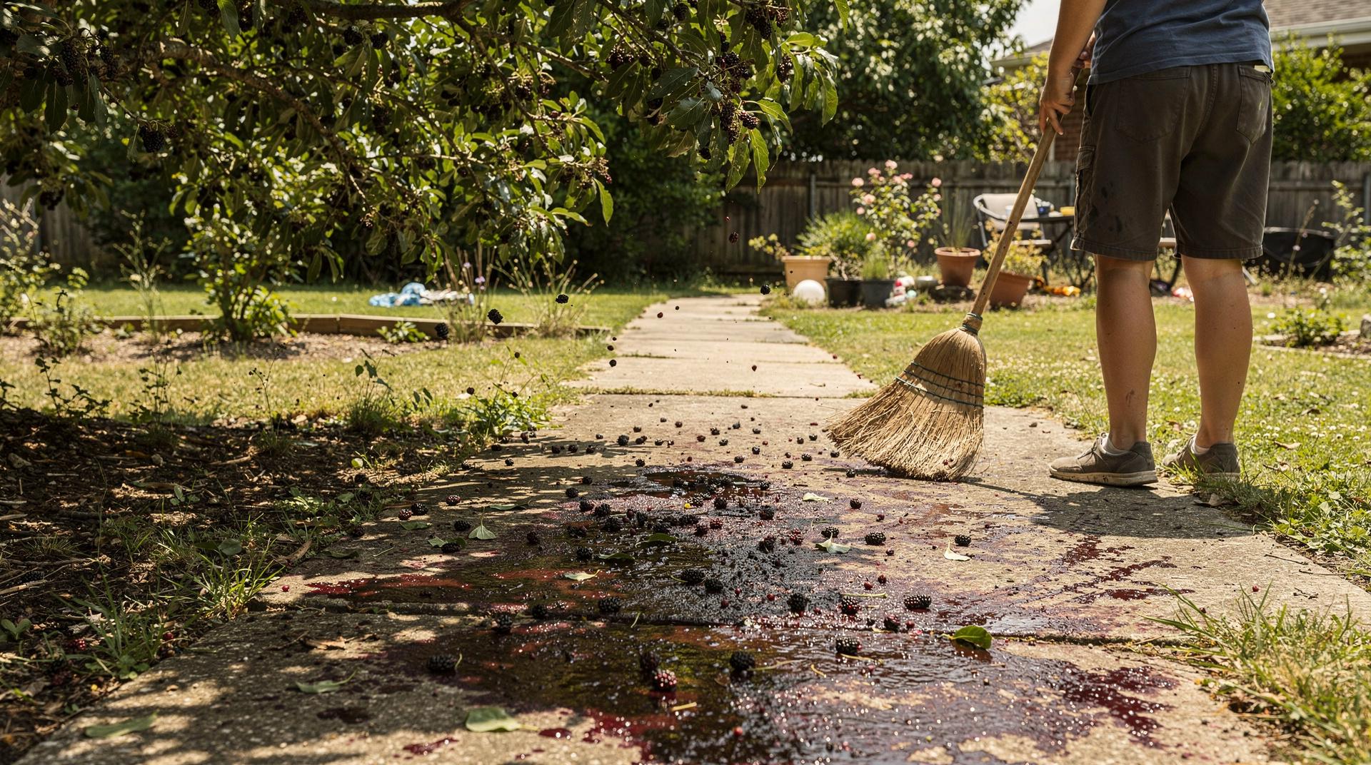 Taches de mûres écrasées sur une allée de jardin