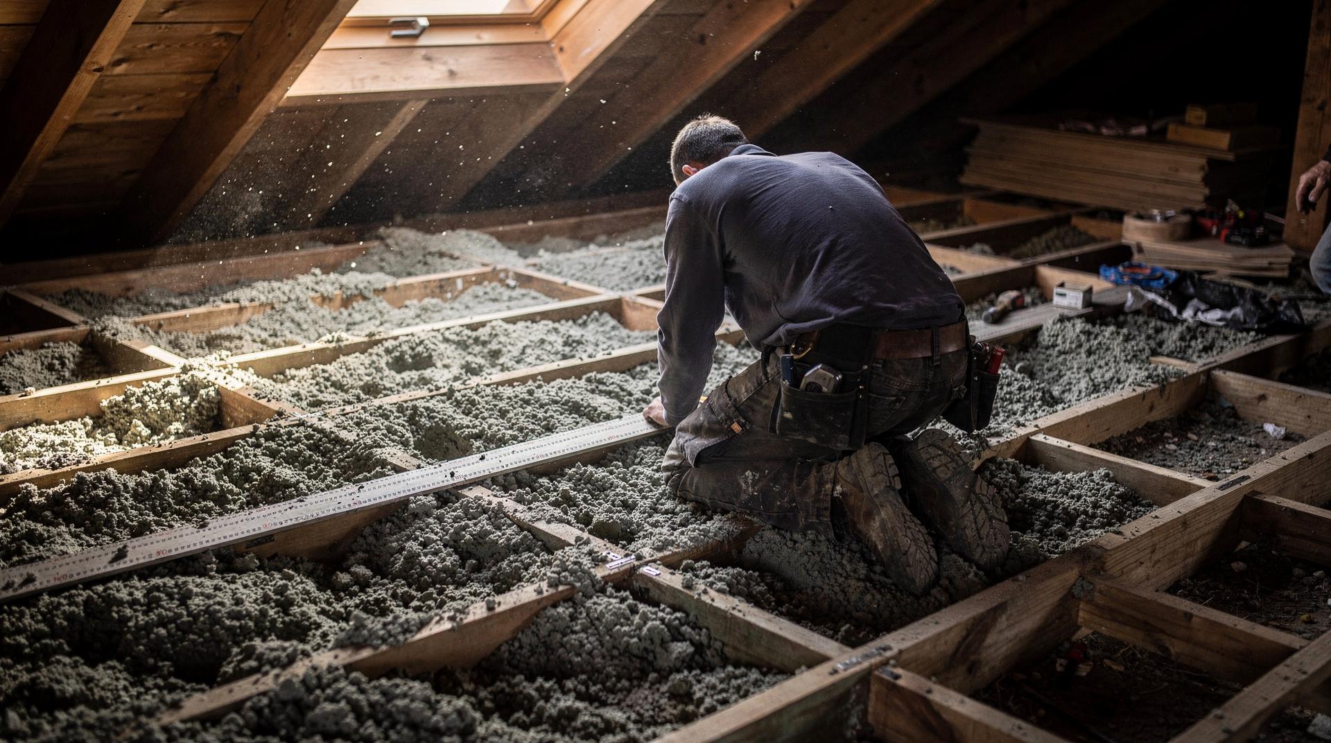 Vue intérieure de combles perdus après isolation avec ouate de cellulose